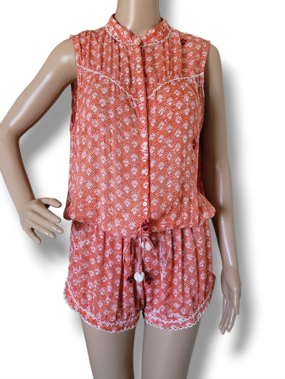Poupette St Barth Sleeveless Romper Playsuit M Orange White Floral